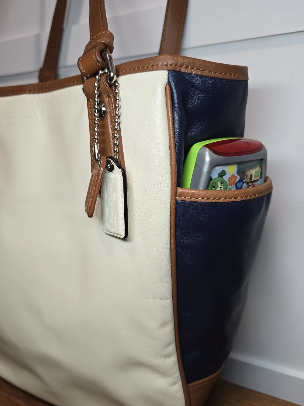 Coach Cream and Navy Tote with Brown Trim